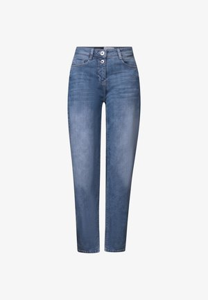 Světle modré džíny z denimu se střihem rovného střihu, zapínáním na dva knoflíky a pěti kapsami, s vybledlým vzhledem.