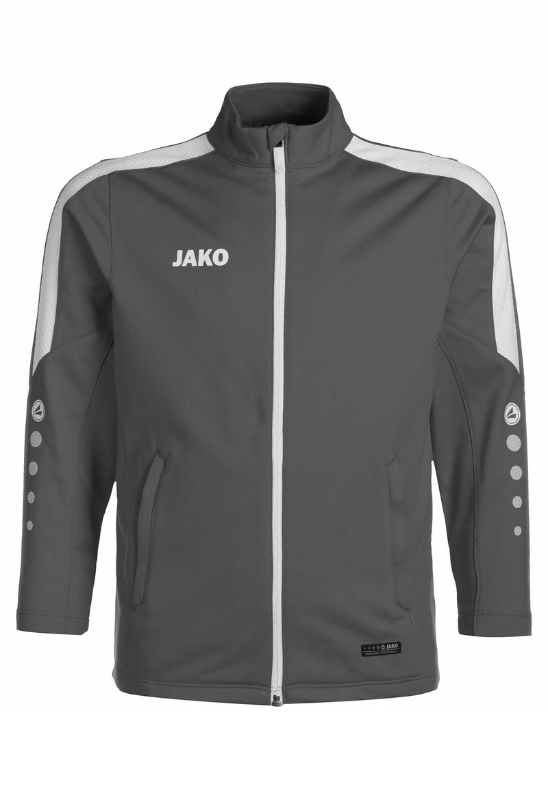 Graue Sportjacke mit hohem Kragen, weißen Akzenten, Reißverschluss vorne, Seitentaschen und dekorativen Punkten an den Ärmeln. Mit einem Markenlogo.