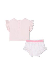 Katoenen outfitset met een roze gerimpelde top met korte mouwen en gestreepte rompertjes in pastelkleuren met gerimpelde randen; sluiting aan de achterkant met knopen.