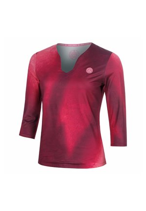 Damen rotes und dunkelrosa langärmliges Sportshirt mit V-Ausschnitt und kleinem Logo auf der Brust.
