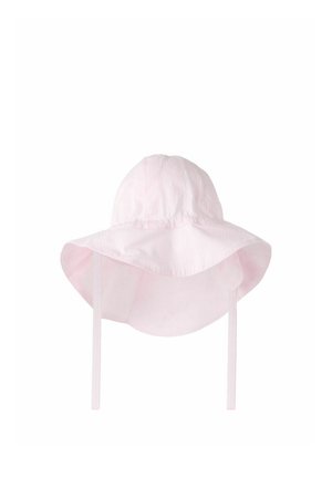 Light pink wide-brim sun hat with chin straps, soft fabric, designed for sun protection and secure fit.