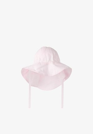 Light pink wide-brim sun hat with chin straps, soft fabric, designed for sun protection and secure fit.