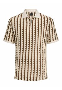 Polo shirt lavorato a maglia con mezzo zip, caratterizzato da strisce verticali marroni e crema e un colletto bianco a contrasto. Tessuto testurizzato con un motivo geometrico.