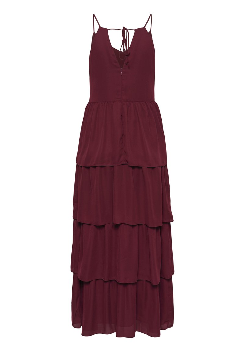 princess polly baby blue dress ASOS DESIGN ruffle corset detail tiered maxi dress with hi low hem in  burgundy main image 1