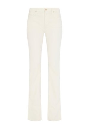 White flared jeans made of cotton blend fabric. Features include a mid-rise waist, five pockets, and metal button closure with zipper fly.