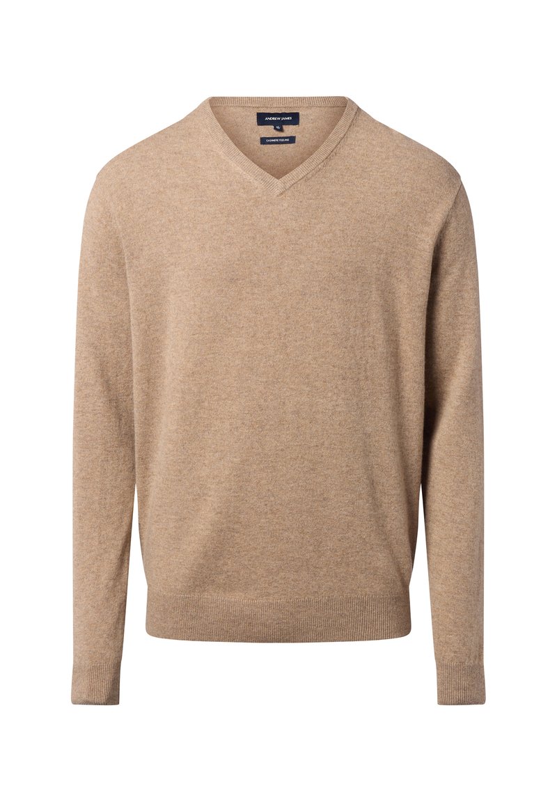 Beige V-hals trui gemaakt van zacht materiaal, met lange mouwen en ribbels bij de polsen, een gladde textuur en minimaal ontwerpdetails.