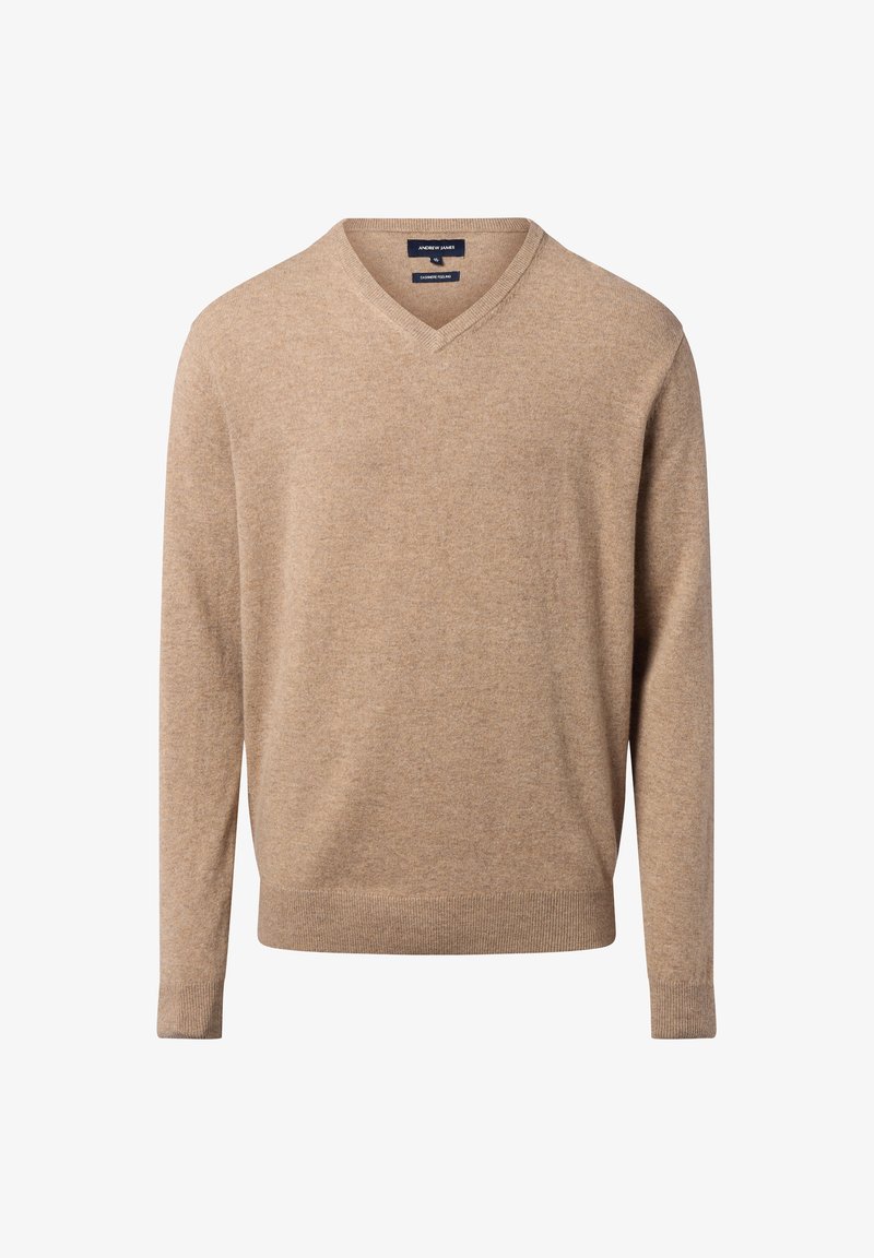 Beige V-hals trui gemaakt van zacht materiaal, met lange mouwen en ribbels bij de polsen, een gladde textuur en minimaal ontwerpdetails.