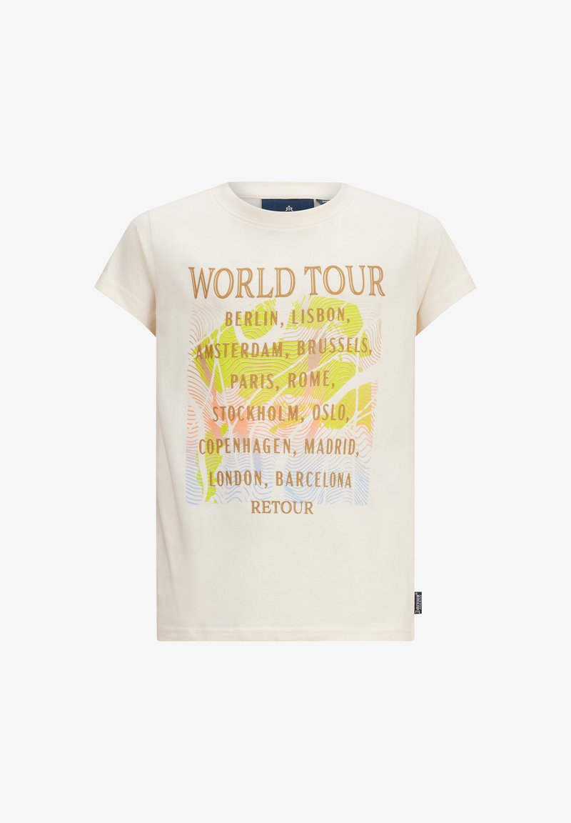 Cremefarbendes Baumwoll-T-Shirt mit kurzen Ärmeln, das den Text "WORLD TOUR" in Gold zeigt, mit aufgelisteten Städtenamen und abstrakten bunten Mustern im Hintergrund.