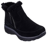 Botte de cheville en suede noir avec garniture en fausse fourrure, fermeture éclair latérale et semelle en caoutchouc épaisse dotée d'un grip texturé. Logo "Skechers" sur le côté.