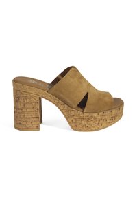 Bruine suède platform mules met een brede V-vormige opening, voorzien van een flinke kurken hak met gestructureerde detailing voor grip.