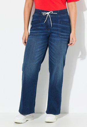 Jeans mit elastischem Bund, Kordelzug, zwei Fronttaschen und geradem Bein in dunkler Blaufarbe.