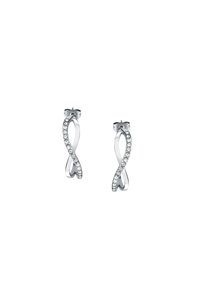 Orecchini in argento con design infinito, caratterizzati da una finitura liscia e una fila di cristalli trasparenti lungo un lato per un tocco di dettaglio in più.