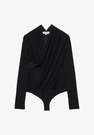 Čierne body s dlhým rukávom, ktoré má záhybový predný dizajn, hladkú textúru a vysoký výstrih na nohách pre predĺženú siluetu.