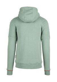 Sudadera verde claro con detalles acanalados en los hombros, capucha con cordón y costuras rojas en los puños. Tejido suave con un corte holgado.