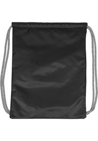 Borsa a sacchetto nera con cordini bianchi a zigzag, realizzata in materiale nylon resistente. Design semplice e rettangolare con una superficie liscia.