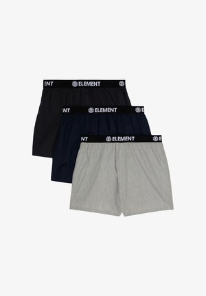 Tre paia di boxer da uomo in nero, blu navy e grigio con elastici neri con etichetta "ELEMENT" bianca.