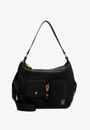 Mustast nailonist õlakott oranžide detailidega, tõmblukuga taskud ja eemaldatav õlarihm; esiküljel on tasku surgeklapiga sulgemiseks.