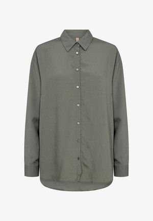 Olivgrüne Button-up-Bluse aus strukturiertem Stoff mit vertikalen Streifen, ausgestattet mit einem spitzen Kragen und langen Ärmeln sowie einer Frontknopfleiste.