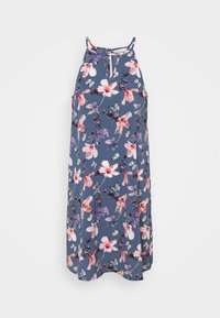 Robe maxi florale avec un fond bleu, ornée de fleurs roses et blanches, de accents noirs et de fines bretelles. Tissu à coupe loose.