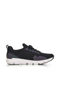 Sneaker sportivo nero con parte superiore in mesh testurizzato, accenti viola a contrasto, punta rotonda e suola bianca ammortizzata. Design con lacci e linguetta.