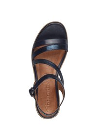 Sandalo in pelle blu scuro con multiple cinghie, una cinghia testurizzata sopra il piede, fibbia regolabile e soletta imbottita.
