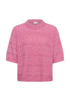 Rövid pink kötött pulóver kerek nyakkivágással, rövid ujjal, vízszintes és átlós vonalak texturált mintázatával.