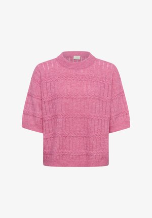 Pulover scurt roz tricotat, cu gât rotund, mâneci scurte și modele texturate de linii orizontale și diagonale.