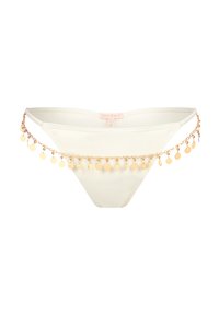 White bikini bottom with a shiny gold chain accent featuring small circular charms along the waistband. Smooth, minimalistic design.