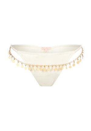 Bikini bottom bianco con un'accennatura di catena dorata lucida, caratterizzata da piccoli charm circolari lungo l'elastico in vita. Design liscio e minimalista.