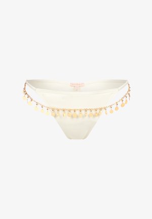 White bikini bottom with a shiny gold chain accent featuring small circular charms along the waistband. Smooth, minimalistic design.