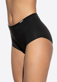 High-waisted black briefs made from soft cotton blend. Features a smooth texture, elastic waistband, and logo tag at the waist.
