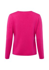 Hellrosa langärmeliges Sweatshirt mit einfachem Rundhalsausschnitt, von hinten auf weißem Hintergrund gezeigt.