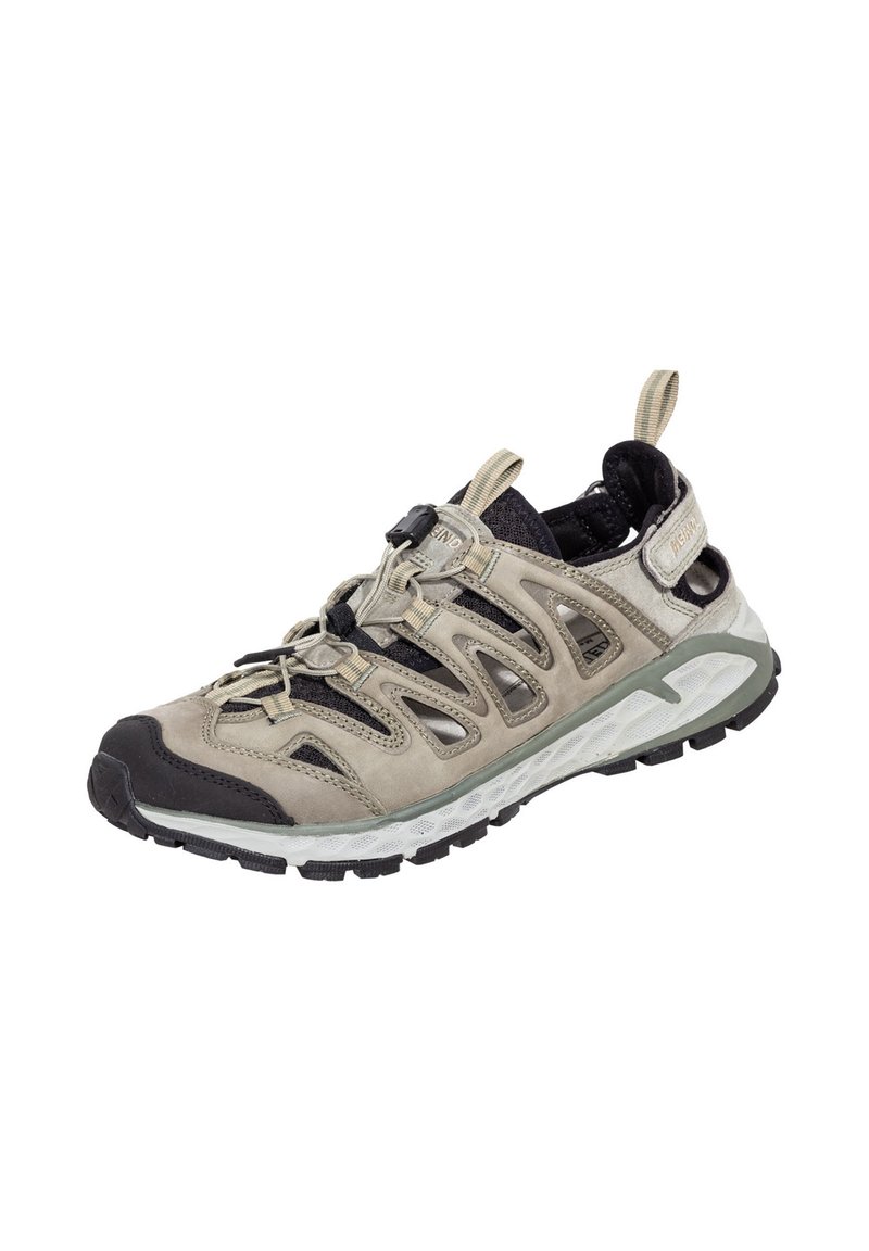 Leichter Outdoor-Schuh in Beige und Schwarz mit atmungsaktivem Mesh-Obermaterial, robuster Gummisohle, verstellbarer Schnürung und Fersenlasche.