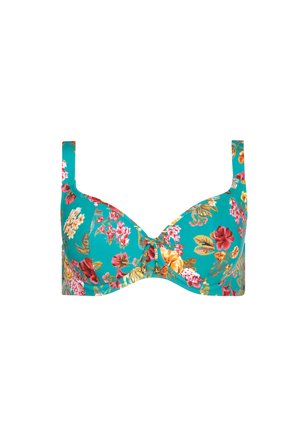 Biustonosz w kwiatowy wzór w turkusowym kolorze. Posiada formowane miseczki, regulowane ramiączka i kokardkę na środku. Gładka tekstura.