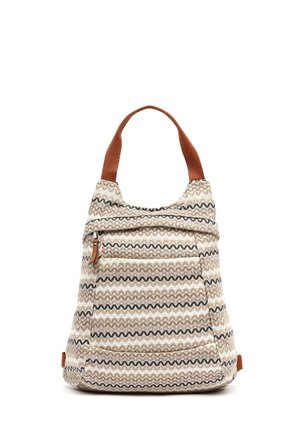 Sac fourre-tout en tissu à rayures ondulées noires et beiges, avec des poignées marron et une poche avant zippée munie d'une languette en cuir.