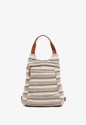 Sac fourre-tout en tissu à rayures ondulées noires et beiges, avec des poignées marron et une poche avant zippée munie d'une languette en cuir.