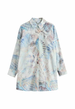 Overhemd met lange mouwen en knopen, met kraag, met pastelkleurige abstracte schelpenpatronen in blauw, beige en lichtroze tinten.