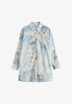 Langærmet knap-op skjorte med krave, med pastel abstrakte muslingemønstre i blå, beige og lyserøde toner.