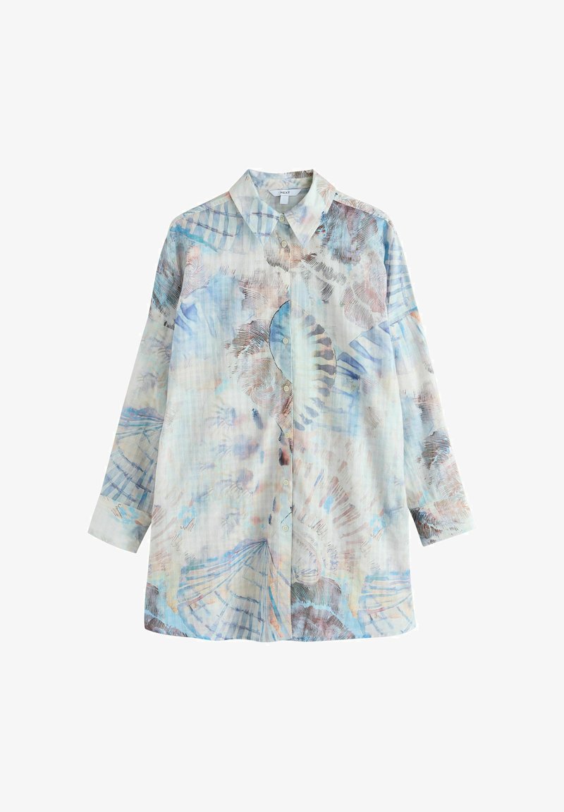 Chemise à manches longues avec col et boutons, présentant des motifs abstraits de coquillages pastel en bleu, beige et rose clair.