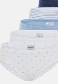 Fünf Paare Baumwollunterhosen in verschiedenen Blau- und Weißtönen, darunter einfarbige Modelle und eines mit einem blauen Punktemuster.