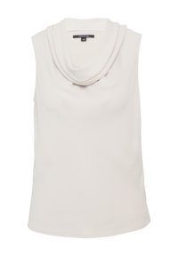 Beżowy top bez rękawów z dekoltem w cowl, wykonany z gładkiego materiału, w luźnym kroju, z zaokrąglonym dołem i subtelnym detalem drapowania.