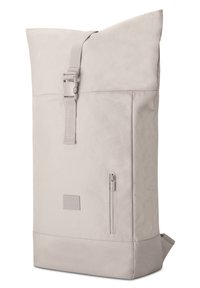 Light gray backpack with a roll-top design, featuring a side zipper pocket, adjustable strap, and smooth fabric texture.