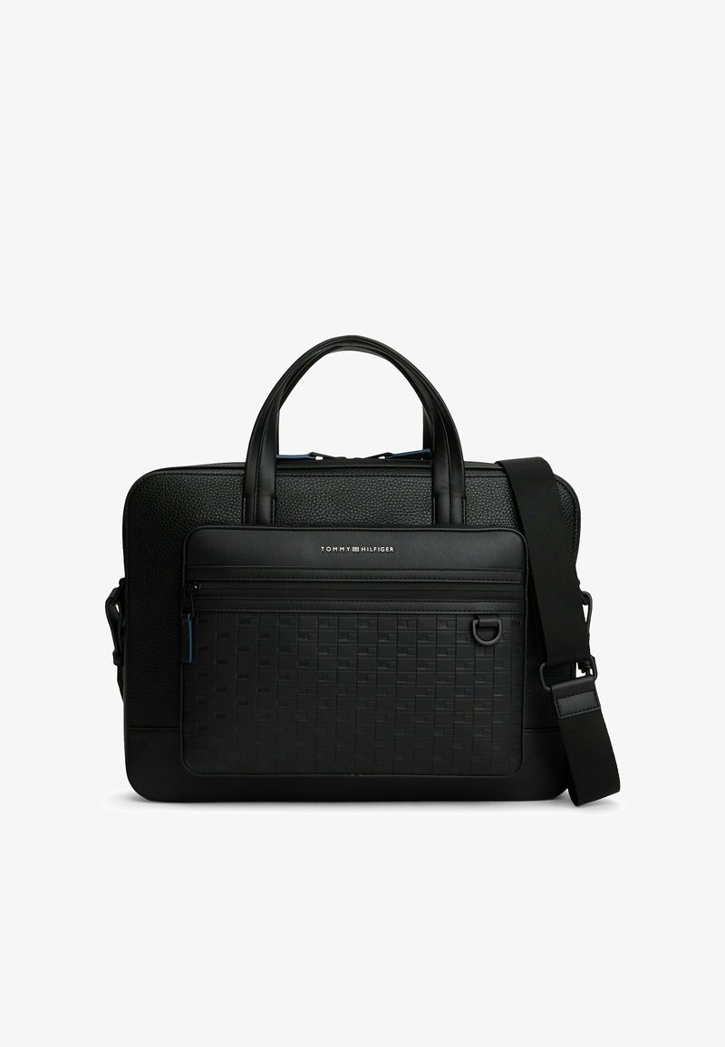 Schwarze Leder-Laptoptasche mit strukturiertem Vorderpanel, doppelten Obergriffen, verstellbarem Schultergurt und einem Reißverschluss-Vorderfach.