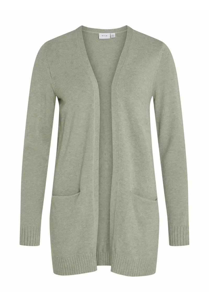 Light green cardigan with a v-neckline, long sleeves, open front, ribbed cuffs, and two front pockets. Made from soft textured material.