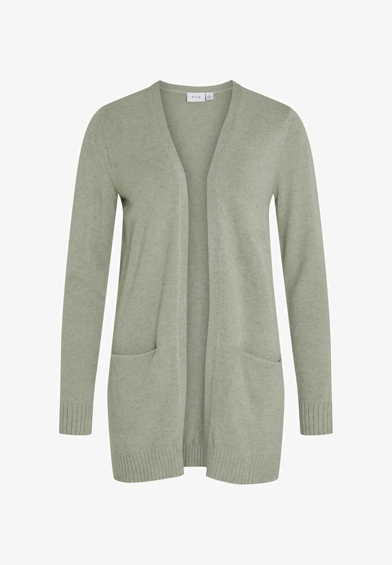 Lys grønn cardigan med v-hals, lange ermer, åpen front, ribbede mansjetter og to forlommer. Laget av mykt teksturert materiale.