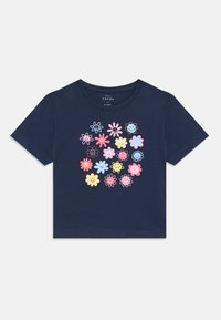 Marineblå bomullst-skjorte med et fargerikt blomsterdesign med smilende ansikter. Korte ermer og rund hals.