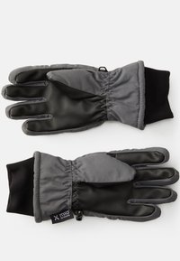 Luvas cinzentas isoladas com uma palma texturizada preta. Apresentam um punho ajustado e uma faixa elástica para um ajuste seguro. Incluem uma etiqueta com o logótipo no pulso.