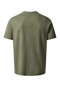 T-shirt en coton vert olive uni à manches courtes, vu de dos, avec un col rond et un ourlet droit.