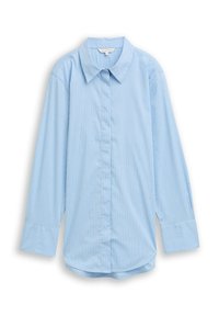 Light blue long-sleeve shirt with vertical stripes and subtle pattern accents, featuring a classic collar and button-down front.