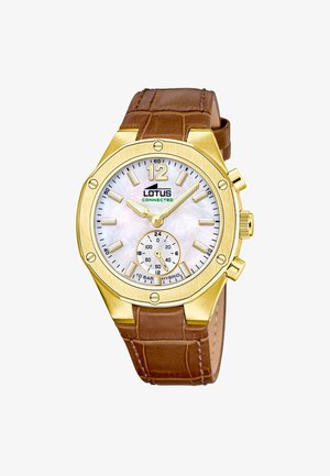 Zlato-rjava Lotus hibridna ura z belim številčnico, velikim številom 12, pomožno številčnico in rjavim usnjenim paščkom, ki prikazuje čas 10:10.